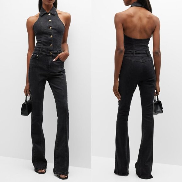 Retrofete Rhodes Halter Denim Jumpsuit Open Back Wide Flare Black Size Medium - Picture 1 of 8